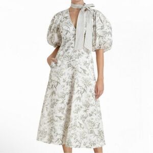 Zimmermann Linen Day Midi Dress Puff Sleeve Pockets Olive Green Toile Floral 6